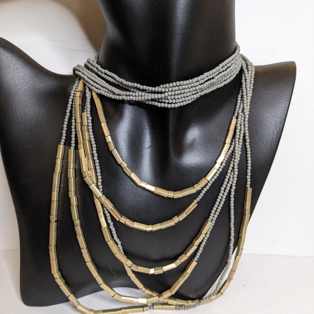 NWOT Premiere Designs Layered Gray Bead and Gold Accent 6 Strand Necklace - Picture 2 of 4